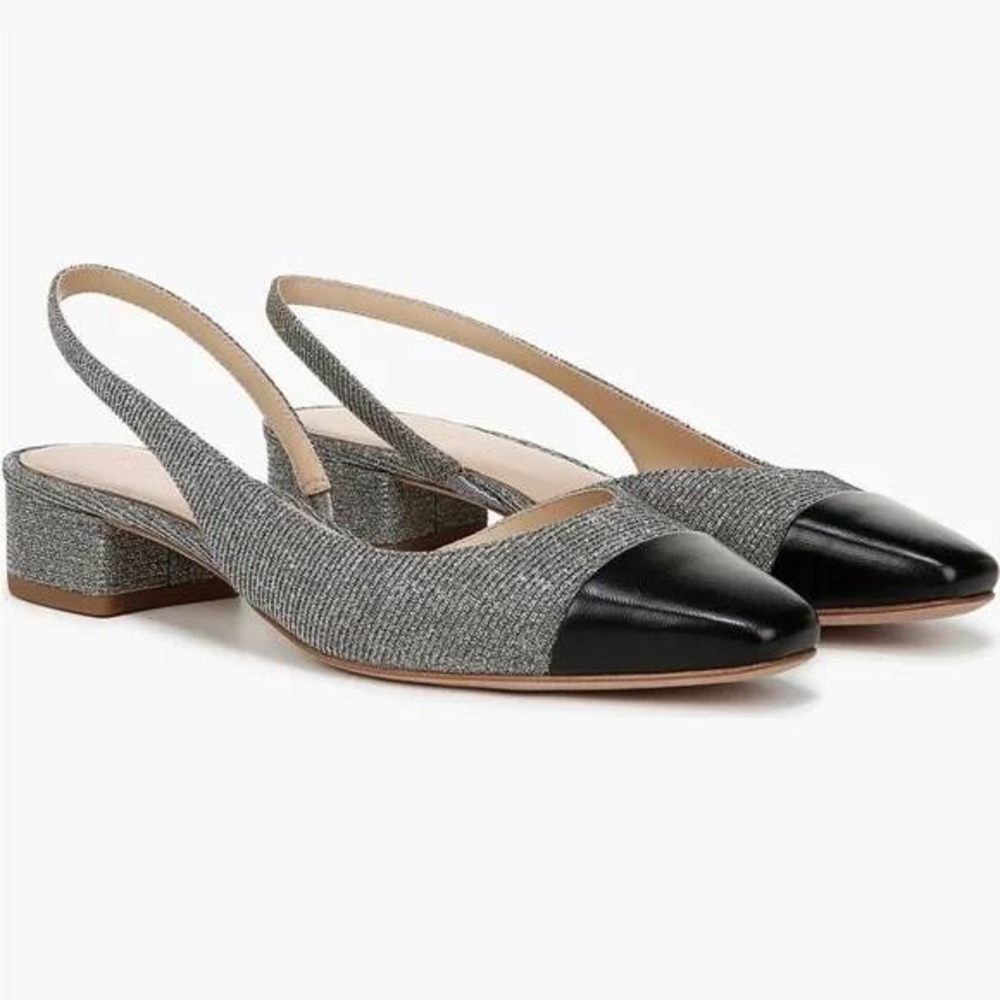 Brand New Veronica Beard Cecile Sling Black Cap Toe Glitter Block Heel Shoes